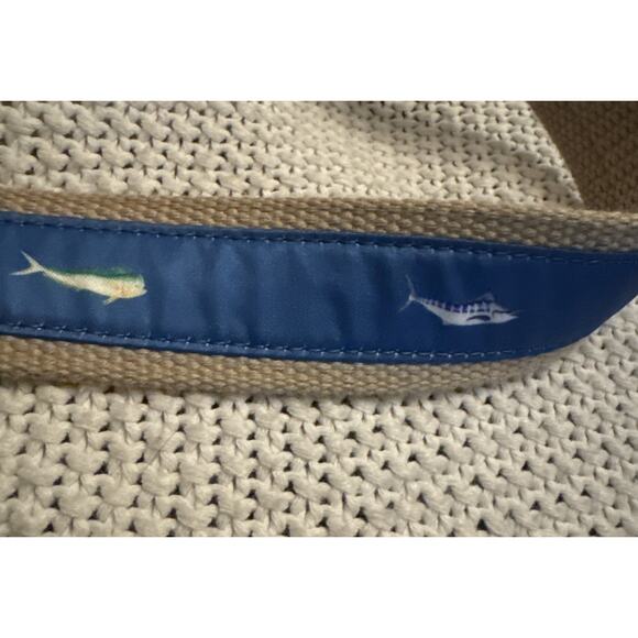 Southern Tide Canvas Brown Leather Fish Belt Men's Size 38 Blue Mahi Sword Fish - Picture 5 of 7
